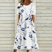 Sayhi for Women 2024 Trendy Button Up with Pockets Plus Size Boho Casual Long Maxi Dress Floral Print Short Sleeve V Neck Below The Knee Length Swing A-Line House Loose Dresses