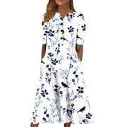 Sayhi Women's Casual Dresses Plus Size Boho Floral Casual House Dress With Pockets Flowy Swing Casual Loose Sun Dress Button Up Below The Knee Length Midi Dresses