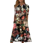Sayhi Women's Casual Dresses Plus Size Boho Floral Casual House Dress With Pockets Flowy Swing Casual Loose Sun Dress Button Up Below The Knee Length Midi Dresses