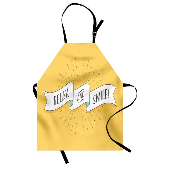 Saying Apron, Positive Vivid Color Vintage Design Relax and Smile Message, Unisex Kitchen Bib with Adjustable Neck for Cooking Gardening, Adult Size, Mustard Black White, by Ambesonne