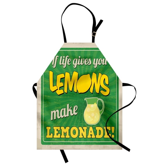 Saying Apron, Vintage Pop Art Advertising Design If Life Gives You Lemon Make Lemonade, Unisex Kitchen Bib with Adjustable Neck for Cooking Gardening, Adult Size, Green Yellow and Tan, by Ambesonne