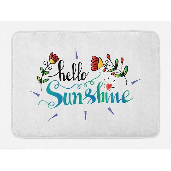 Saying Bath Mat, Doodle Effect Blended Coloring Hello Sunshine Hand-drawing Lettering with Flowers, Plush Bathroom Decor Mat with Non Slip Backing, 29.5" X 17.5", Multicolor, by Ambesonne