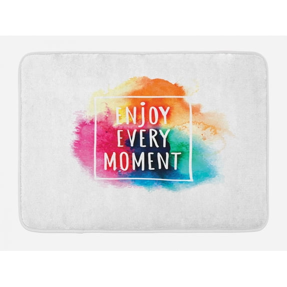 Saying Bath Mat, Enjoy Every Moment Words Framed by Borders on Rainbow Colors Blended Dust Cloud, Plush Bathroom Decor Mat with Non Slip Backing, 29.5" X 17.5", Multicolor, by Ambesonne