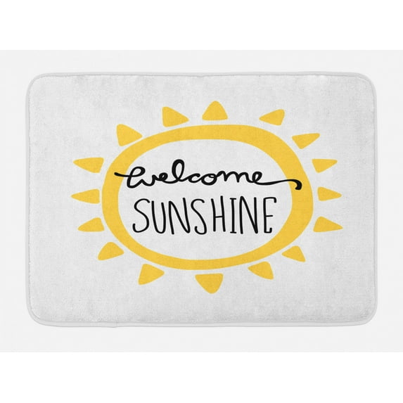 Saying Bath Mat, Welcome Sunshine on Sun Simplistic Typographic Composition Modern Art, Plush Bathroom Decor Mat with Non Slip Backing, 29.5" X 17.5", Yellow and Charcoal Grey, by Ambesonne