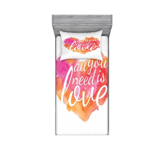 Saying Bedding Set with Sheet & Covers, All You Need is Love Words in Colorful Watercolor Splash Background Art Print, Printed Bedroom Decor 2 Shams, 4 Sizes, Red Fuchsia, by Ambesonne