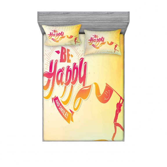 Saying Bedding Set with Sheet & Covers, Be Happy and Smile Message with a Silhouette Boy Carrying Flag Bokeh Style Circles, Printed Bedroom Decor 2 Shams, 4 Sizes, Multicolor, by Ambesonne