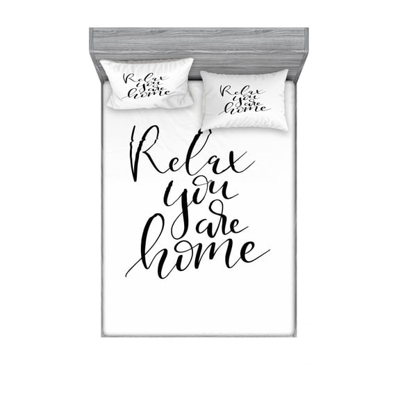 Saying Bedding Set with Sheet & Covers, Brush Pen Lettering with Phrase Relax You Are Home Black and White Calming Text, Printed Bedroom Decor 2 Shams, 4 Sizes, Black and White, by Ambesonne