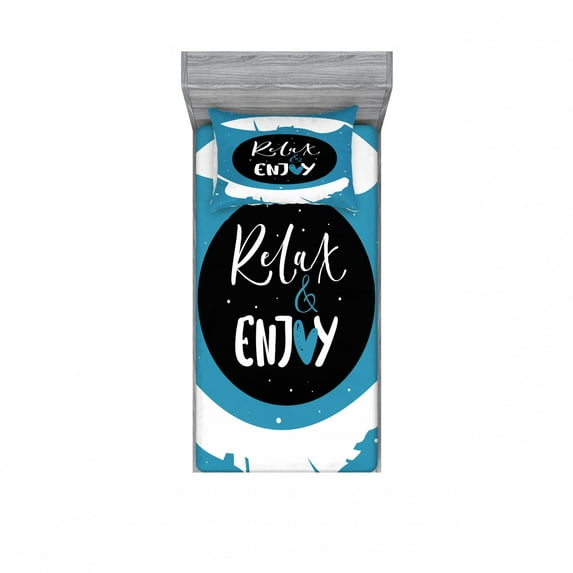 Saying Bedding Set with Sheet & Covers, Comic Cartoon Style Relax and Enjoy Text in Between Feathers Silhouette, Printed Bedroom Decor 2 Shams, 4 Sizes, Pale Blue Black White, by Ambesonne