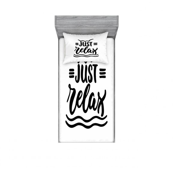 Saying Bedding Set with Sheet & Covers, Funky Brushed Ink Calligraphic Just Relax Lettering with Doodled Wavy Stripes, Printed Bedroom Decor 2 Shams, 4 Sizes, Black and White, by Ambesonne