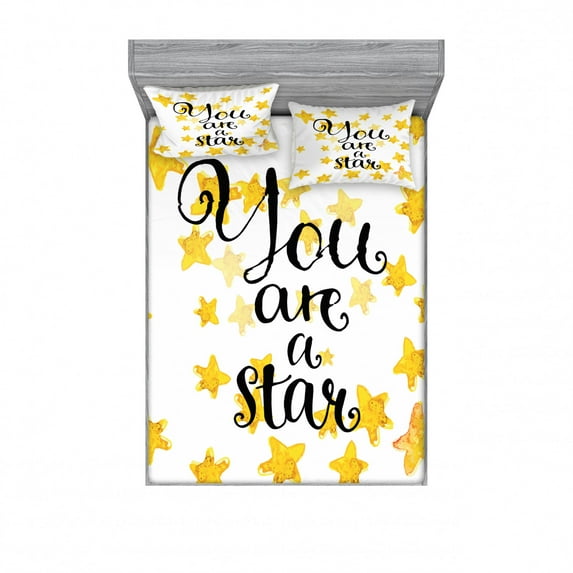 Saying Bedding Set with Sheet & Covers, Modern Calligraphic Phrase with Watercolor Stars Self Confidence Theme, Printed Bedroom Decor 2 Shams, 4 Sizes, Black Yellow and White, by Ambesonne