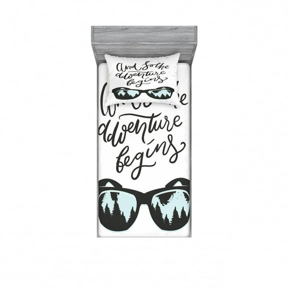 Saying Bedding Set with Sheet & Covers, Monochrome Adventure Begins Message with Sunglasses and Woodland Reflection Pattern, Printed Bedroom Decor 2 Shams, 4 Sizes, Green Black, by Ambesonne