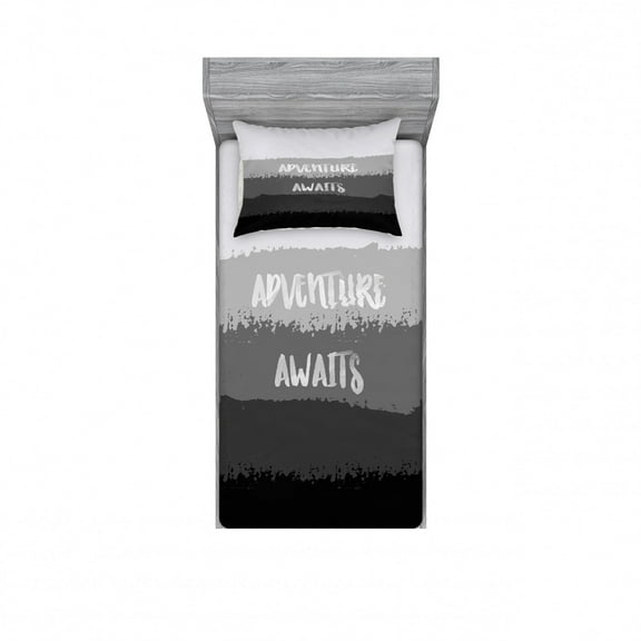 Saying Bedding Set with Sheet & Covers, Shades of Grey Pattern Brush Stroke Horizontal Stripes with Words Print, Printed Bedroom Decor 2 Shams, 4 Sizes, Charcoal Grey and Black, by Ambesonne