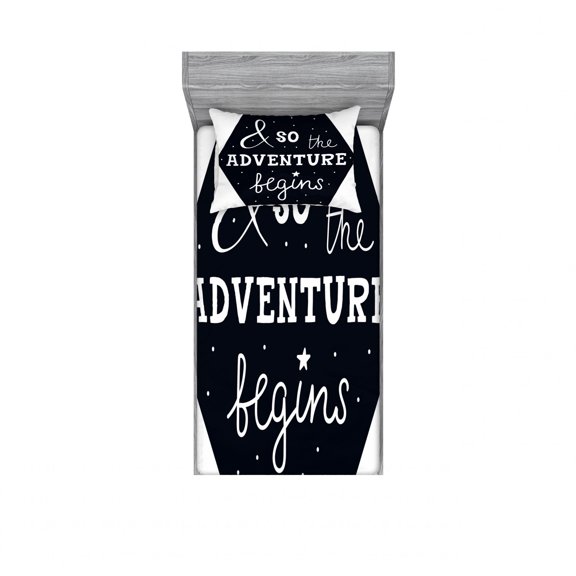 Saying Bedding Set with Sheet & Covers, So the Adventure Begins with Star Dots Pattern in Hexagon Frame Monochrome, Printed Bedroom Decor 2 Shams, 4 Sizes, Black and White, by Ambesonne