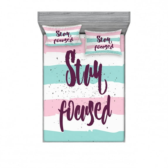 Saying Bedding Set with Sheet & Covers, Stay Focused Words with Horizontal Pastel Stripes Grunge Effect, Printed Bedroom Decor 2 Shams, 4 Sizes, Pale Pink Pale Blue, by Ambesonne