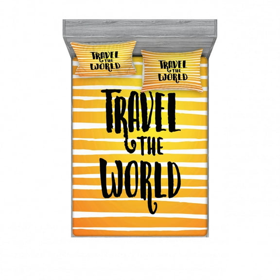 Saying Bedding Set with Sheet & Covers, Travel the World Journey Theme Illustration with Ombre Stripes Background, Printed Bedroom Decor 2 Shams, 4 Sizes, Earth Yellow Black, by Ambesonne
