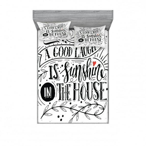 Saying Bedding Set with Sheet & Covers, Vintage Calligraphy a Laugh is Sunshine in the House with Curlicues Leaves, Printed Bedroom Decor 2 Shams, 4 Sizes, Black and White, by Ambesonne