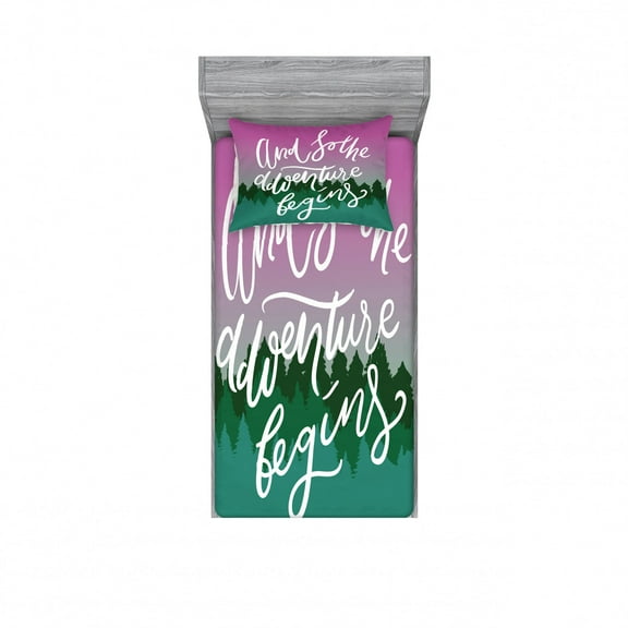 Saying Bedding Set with Sheet & Covers, Woodland Silhouette with Violet Sky and Adventure Begins Message Inspiration, Printed Bedroom Decor 2 Shams, 4 Sizes, Green Violet White, by Ambesonne