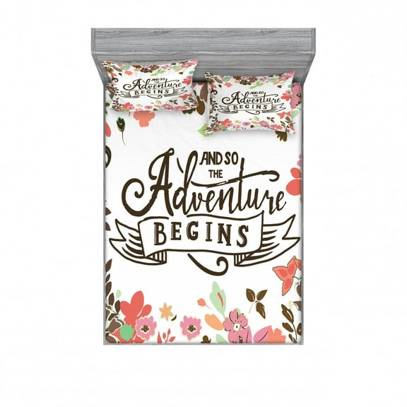 Saying Bedding Set with Sheet & Covers, Woodland Style Flourishing Flower Silhouettes and so the Adventure Begins Phrase, Printed Bedroom Decor 2 Shams, 4 Sizes, Multicolor, by Ambesonne