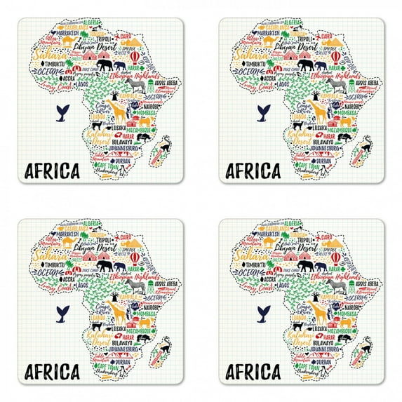 Saying Coaster Set of 4, Colorful Lettering of Countries in Continent with Animals Art Print, Square Hardboard Gloss Coasters, Standard Size, Multicolor, by Ambesonne