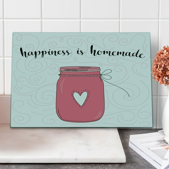 Saying Cutting Board, Calligraphic Happiness is Homemade Lettering with Swirls and Jar of Love, Decorative Tempered Glass Cutting and Serving Board, Large Size, Pink Black and Coral, by Ambesonne