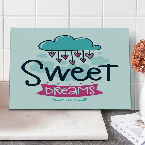 Saying Cutting Board, Cartoon Hanging Hearts from a Cloud with Scale Pattern Simplistic Design, Decorative Tempered Glass Cutting and Serving Board, Large Size, Multicolor, by Ambesonne