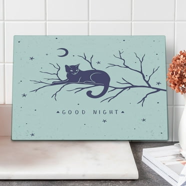 Saying Cutting Board, Cat Sitting on a Tree Branch Crescent Moon Stars Circles and Triangles Bedtime, Decorative Tempered Glass Cutting and Serving Board, in 3 Sizes, by Ambesonne