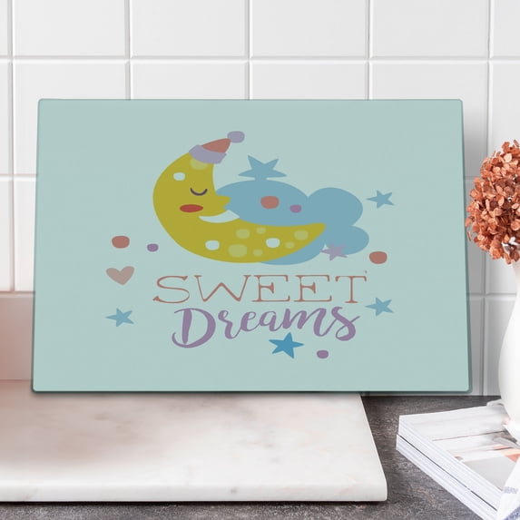 Saying Cutting Board, Colorful Illustration with Hand Lettering Words with Stars and Crescent Moon, Decorative Tempered Glass Cutting and Serving Board, Large Size, Multicolor, by Ambesonne
