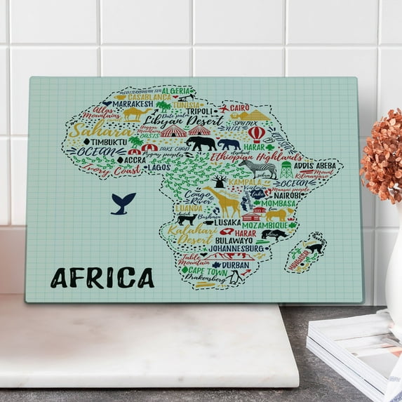Saying Cutting Board, Colorful Lettering of Countries in Continent with Animals Art Print, Decorative Tempered Glass Cutting and Serving Board, Large Size, Multicolor, by Ambesonne