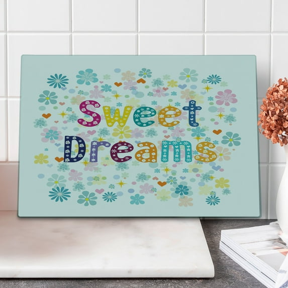 Saying Cutting Board, Colorful Letters with Little Flowers on a Blossoming Background Slumber Party, Decorative Tempered Glass Cutting and Serving Board, Large Size, Multicolor, by Ambesonne
