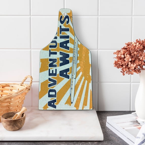 Saying Cutting Board, Commercial Airplane Rising Sun Adventure Words Aviation Journey Print, Decorative Tempered Glass Cutting and Serving Board, Wine Bottle Shape, Navy Blue Orange, by Ambesonne