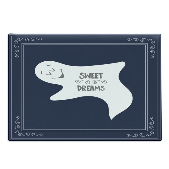 Saying Cutting Board, Frame with Sleeping Ghost Text on Dark Blue Backdrop, Decorative Tempered Glass Cutting and Serving Board, Large Size, Pale Grey Dark Blue, by Ambesonne