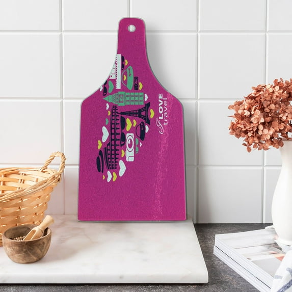Saying Cutting Board, I Love Travel Lettering and Heart with European Landmarks on Magenta Background, Decorative Tempered Glass Cutting and Serving Board, in 3 Sizes, by Ambesonne