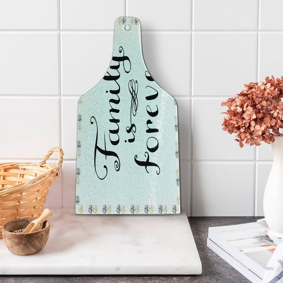 Saying Cutting Board, Ink Writing Words About Family Framework Sketchy Absract Retro, Decorative Tempered Glass Cutting and Serving Board, Wine Bottle Shape, Black Brown White, by Ambesonne