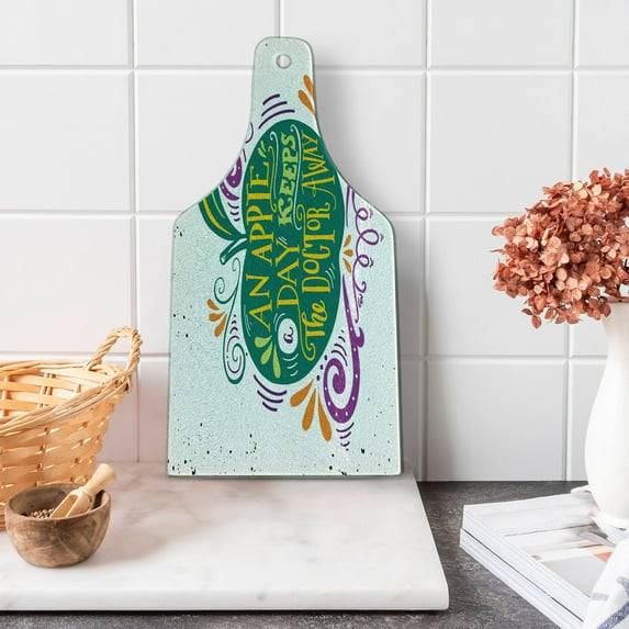Saying Cutting Board, Inspirational Apple Print for Motivation Clean Eating Diet Fresh and Healthy, Decorative Tempered Glass Cutting and Serving Board, Wine Bottle Shape, Green Purple, by Ambesonne