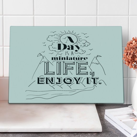 Saying Cutting Board, Inspirational Positive Life Message Mountains Clouds River Birds Hand Drawn, Decorative Tempered Glass Cutting and Serving Board, Large Size, Charcoal Grey White, by Ambesonne