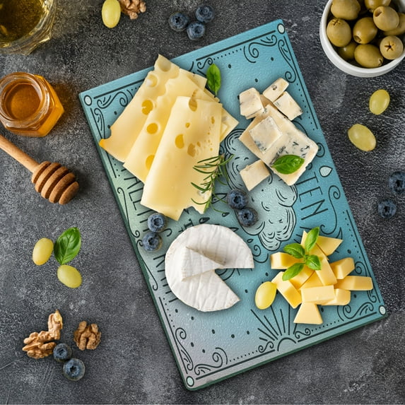 Saying Cutting Board, Listen to the Rhythm of the Falling Rain Lettering with Doodle Ornates and Clouds, Decorative Tempered Glass Cutting and Serving Board, in 3 Sizes, by Ambesonne