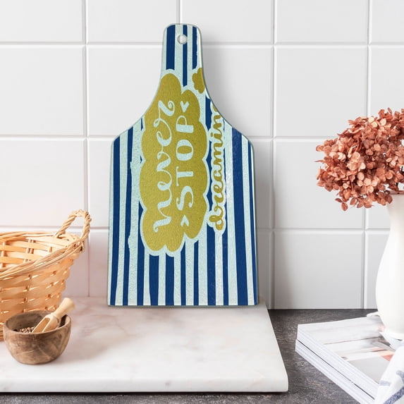 Saying Cutting Board, Marine Themed Inspirational Phrase for Life Navy Vintage Style and Artisan Design, Tempered Glass Cutting and Serving Board, Wine Bottle Shape, Yellow Blue, by Ambesonne