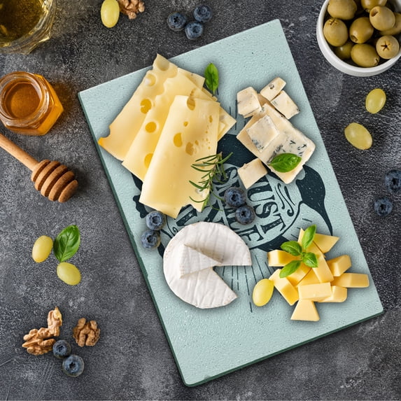 Saying Cutting Board, Penguin Waving His Flipper and Just Smile and Wave Text in the Belly, Decorative Tempered Glass Cutting and Serving Board, Small Size, Dark Blue Grey and White, by Ambesonne