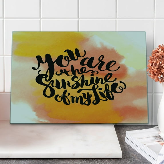 Saying Cutting Board, Retro Style Love Spouse Lettering over Psychedelic Cloud Splashes Image, Decorative Tempered Glass Cutting and Serving Board, Large Size, Orange and Yellow, by Ambesonne