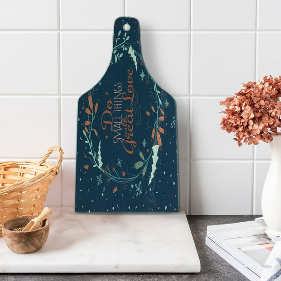 Saying Cutting Board, Romantic Floral Wreath with Laurel Leaves Loving Wishes Calligraphy Vintage, Tempered Glass Cutting and Serving Board, Wine Bottle Shape, Navy Mint Green Red, by Ambesonne