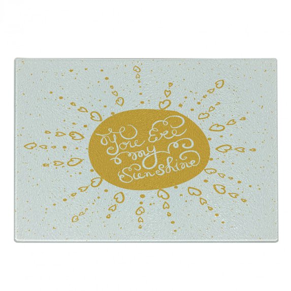 Saying Cutting Board, Rounded Sun Rough Heart Shaped Beams Philosophy of Life Theme Illustration Image, Decorative Tempered Glass Cutting and Serving Board, Small Size, Yellow, by Ambesonne