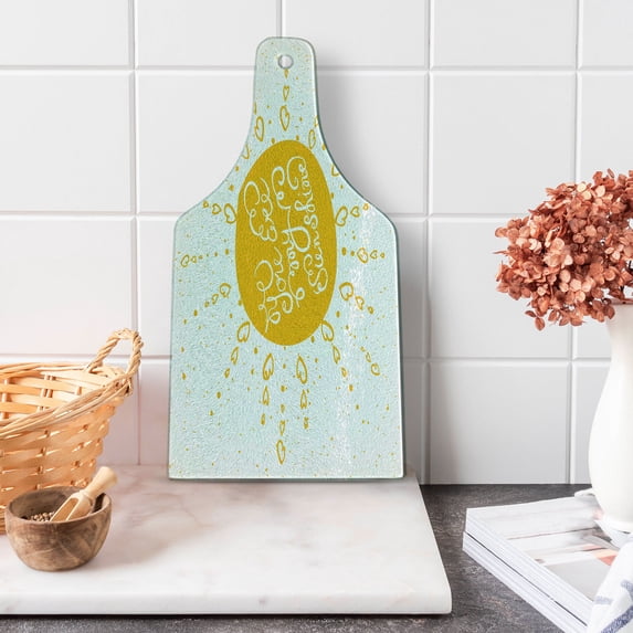 Saying Cutting Board, Rounded Sun Rough Heart Shaped Beams Philosophy of Life Theme Illustration Image, Decorative Tempered Glass Cutting and Serving Board, Wine Bottle Shape, Yellow, by Ambesonne