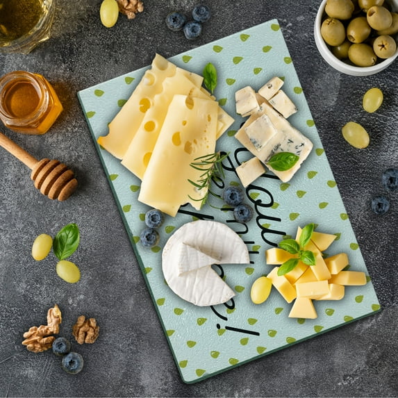 Saying Cutting Board, Sunshine Words Inspiration Print Colorful Raindrops on Background, Decorative Tempered Glass Cutting and Serving Board, Small Size, Mustard White, by Ambesonne