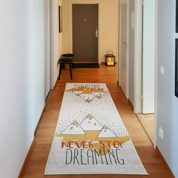 Saying Decorative Rug, Mountain Peaks and Never Stop Dreaming Goals Success Aspiration Print, Quality Carpet for Bedroom Dorm and Living Room, 6 Sizes, Apricot White, by Ambesonne