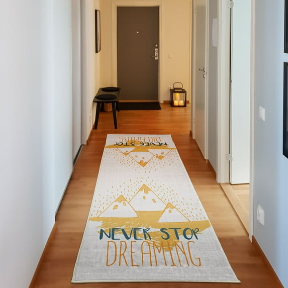 Saying Decorative Rug, Mountain Peaks and Never Stop Dreaming Goals Success Aspiration Print, Quality Carpet for Bedroom Dorm and Living Room, 6 Sizes, Navy Blue, by Ambesonne