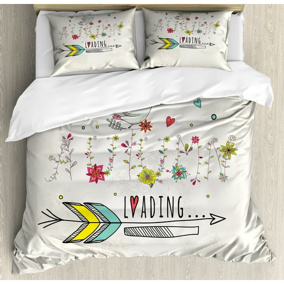 Saying Duvet Cover Set, Autumn is Loading Phrase with Flowers Arrow Floral Elements Vintage Style Art, Decorative 3 Piece Bedding Set with 2 Pillow Shams, Queen Size, Red Yellow Beige, by Ambesonne