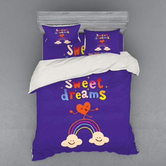 Saying Duvet Cover Set, Cartoon Heart Dancing on a Rainbow Between 2 Smiling Clouds Colorful, Bedding Set with Shams and Fitted Sheet, 3 Sizes, by Ambesonne