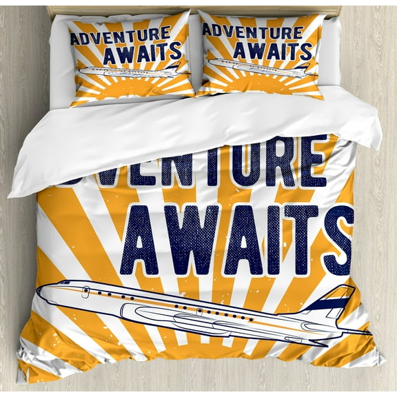 Saying Duvet Cover Set, Commercial Airplane Rising Sun Adventure Words Aviation Journey Print, Decorative 3 Piece Bedding Set with 2 Pillow Shams, King Size, Navy Blue Orange, by Ambesonne