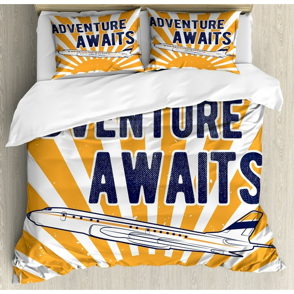 Saying Duvet Cover Set, Commercial Airplane Rising Sun Adventure Words Aviation Journey Print, Decorative 3 Piece Bedding Set with 2 Pillow Shams, Queen Size, Navy Blue Orange, by Ambesonne