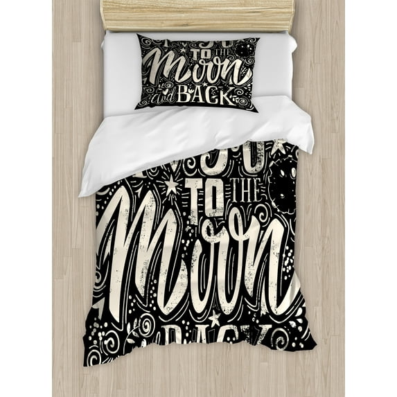 Saying Duvet Cover Set, I Love You to the Moon and Back Lettering Ornaments Illustration, Decorative 2 Piece Bedding Set with 1 Pillow Shams, Twin Size, Charcoal Grey and Champagne, by Ambesonne